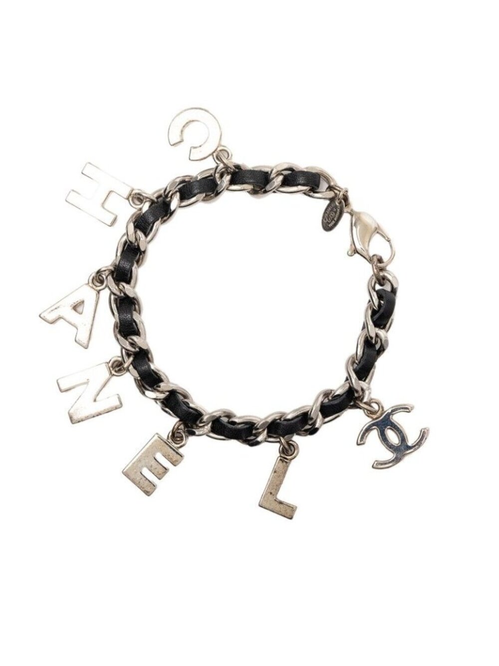 Chanel CC Logo Bracelet Silver Black Metal Leather - Picture 2 of 5